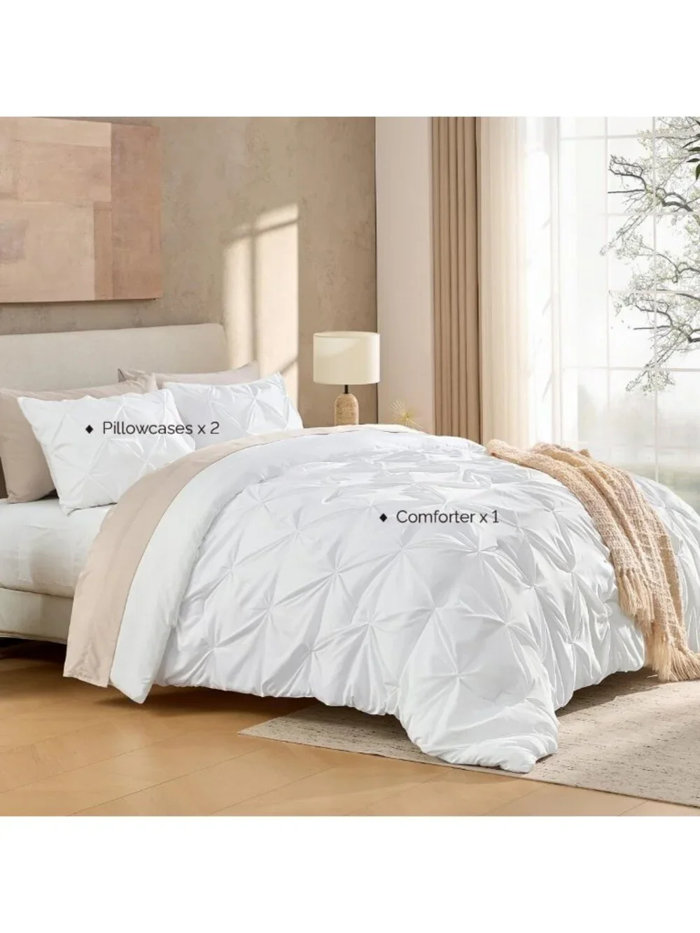 Luxurious Queen White Pinch Pleat Comforter Set - 3 Piece Bedding Ensemble